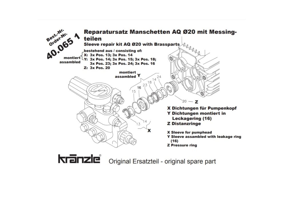 Kränzle 400651 afdichtingset AQ 20 mm met messing onderdelen